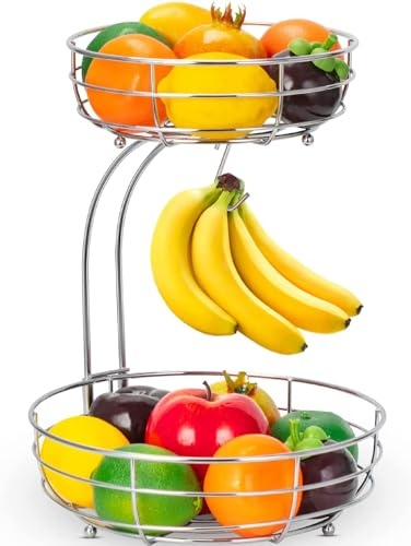 Bomclap Obstkorb mit Bananenhalter - 2 Stöckig Obstschale aus Metall - Küche Stehend Moderne Obstschalen - Dekorativer Gemüsekorb Obstschale - Silber