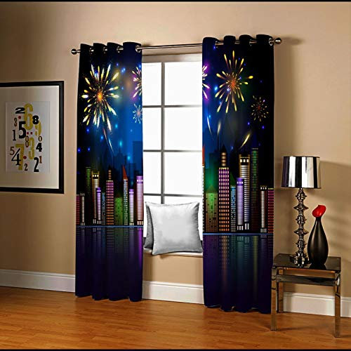 AMDXD Gardinen Vorhang Fenster, Nachtansicht Stadt Feuerwerk Verdunkelungsvorhang Schlaufen Dunkel Blau Vorhänge Wohnzimmer Lang für Hotels Büros, 214x138CM (B x H)