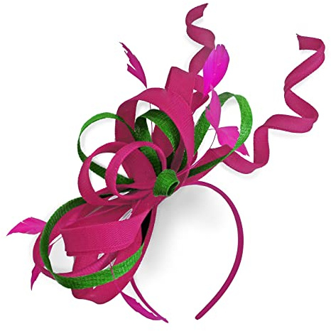 Caprilite Mix Swirl Fascinator Hat on Headband Wedding Ascot Races Bespoke Sinamay for Ladies (Fuchsia Hot Pink and Green)