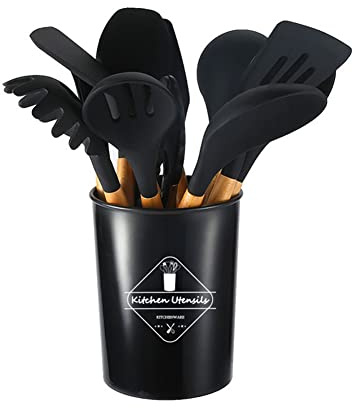 DAZZLEEX Lot de 12 ustensiles de cuisine en silicone anti-adhésif Noir