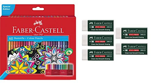 Faber-Castell 111260 - Buntstift Castle, 60er Kartonetui & 205002 - Radierer 188121, PVC-Free, Kunststoff, weiß, 5 Stück