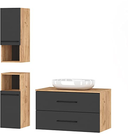 Planetmöbel Set completo di mobili da bagno Set | completo di mobili da bagno 4 pezzi da 90 cm con lavabo da appoggio e 2x mobiletto midi, nei colori rovere oro/antracite