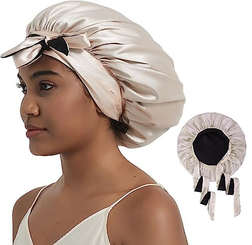 Hat Hut Schlafmütze Seiden Haarhaube Satin Schlafhaube für Locken Seidenhaube zum Schlafen Silk Bonnet Schlafkappe für Damen und Mädchen (Champagner/Schwarz)
