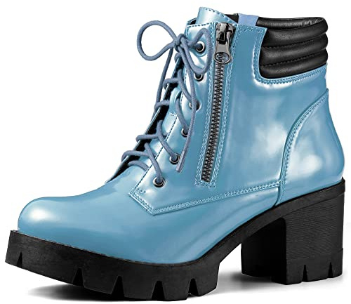 Allegra K Women's Round Toe Chunky Heel Lace Up Zipper Sky Blue Combat Boots 8 M US