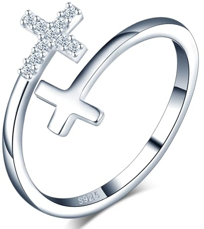 MICGIGI Anillo ajustable para mujer, plata de ley 925, anillo abierto con circonitas, doble cruz, diseño de dedo, Plata