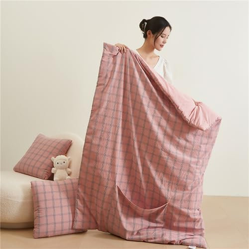 Hixingo Reisedecke und Kissen 2 in 1, Reisedecke mit Kissen Set Multifunktionale Reise Decke und Kissen 2 in 1 Weichem Flugzeug Verwandlungskissen für Urlaub, Camping (Kariert-Rosa,50 * 50cm)
