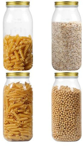 Party Club of America 4Pack 64 Ounce Gold Plastic Jars Wide Mouth With Lid Large Mason Jars 64 OZ Half Gallon Mason Jars Food Storage Jars
