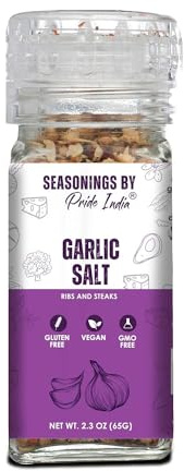 Garlic Salt 2.3 oz (65 gm) w/Convenient Grinder Cap Savory Pungent Tangy Taste | Himalayan Pink Salt Minced Garlic Mix | Non-Bioengineered Vegan Gluten Free by Pride of India