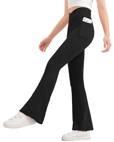 JOCMIC Girls Flared Kids Pants V Cross High Waisted Dance Yoga Athletic Leggings Black, 9-10 Years, Tag140