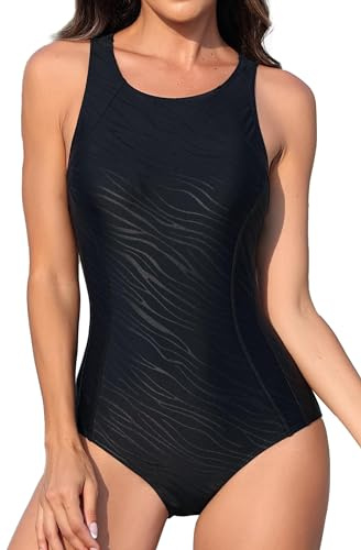 Attraco Damen Sport Einteiliger Badeanzüge Racerback Sport Bademode Bauchweg Sportbadeanzüge für Frauen Surfen Schwimmanzug Schwarz S