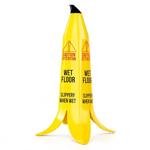 Cono di banana da 90 cm, con scritta Caution Wet Floor, 4 lati, 90 cm, cartello per pavimento bagnato per la sicurezza, giallo | facilmente visibile in plastica per aziende, hotel, centri