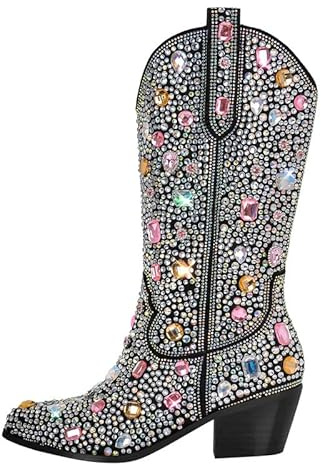 MissHeel Botines de vaquero brillantes con tacón de embudo con purpurina, botas occidentales decoradas con piedras preciosas, Negro , 40 EU