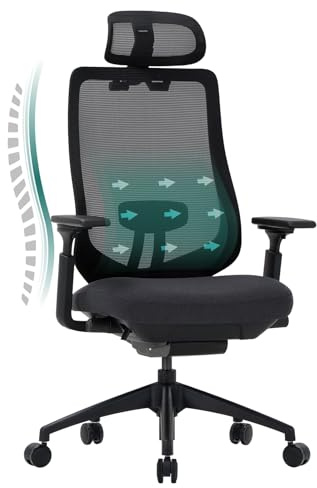 COLAMY XK01 Atlas Ergonomischer Netz-Bürostuhl, Chefsessel mit hoher Rückenlehne, Verstellbarer Kopfstütze und 4D-Armen, Schiebesitz, Kippsperre, Nylon-Basis, Schwarz