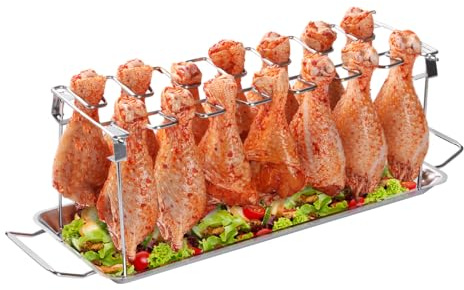 AMOZO Hähnchenschenkel Halter für 14 Keulen,Robuster Hähnchen Grill Ständer aus 100% Edelstahl,Hähnchenkeulenhalter mit Auffangschale,Spülmaschinengeeignet Hähnchenbräter.