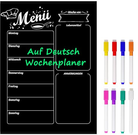 MoKo A3 Wochenplaner Abwischbar, Deutsch Wochenplaner Magnetisch Whiteboard zur Einkaufsliste für die ganze Familie Magnettafel Küche mit 8 Farbigen Stiften, Schwarz