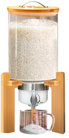 Glass Rice Dispenser with Bamboo Stand and Measuring Cup Kitchen Storage Container for Dry Food and Cereal Clear Pantry nization Bin with Airtight Bamboo Lid 6L Capacity
