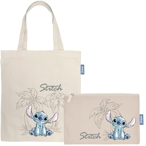 Superdiver Set Borsa Shopping e Pochette Mickey, Minnie e Stitch - Licenza Ufficiale Disney - Cotone e Poliestere - Ideale per Uso Quotidiano o come Regalo - Borsa 37x41 cm e Pochette 22,5x16 cm