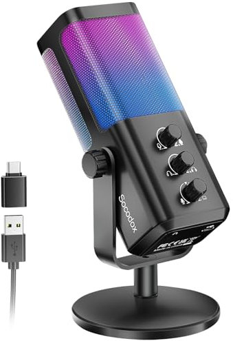 socodox Gaming Mikrofon USB Kondensator Mikrofon mit Game Chat Balance/Noise Cancelling, Microphone für PC Handy PS4 PS5 Mac für Streaming Podcast Studio Aufnahmen ASMR mit RGB/Stumm/Gain/Monitoring