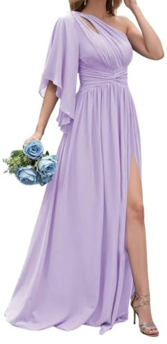 HPPEE Vestido de dama de honor de una manga para mujer, para boda, con abertura, plisado, de gasa, vestido de fiesta formal, Lila, 40