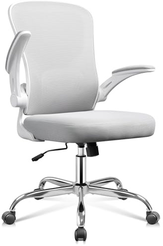 DEVAISE Bürostuhl Ergonomisch, Schreibtischstuhl mit Verstellbarer Lendenwirbelstütze und Klappbaren Armlehnen, höhenverstellbar Computerstuhl, Weiß, Bis 136 kg, für Büro