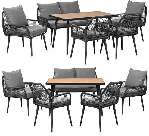 Swing&Harmonie® Gartenmöbel Lounge-Set „Sienna“ – Sitzgruppe mit Tisch, Sofa, Sesseln & Stühlen – wetterfest – Seilgeflecht – WPC-Tischplatte – Outdoor Essgruppe (anthrazit/grau, 6 Personen)