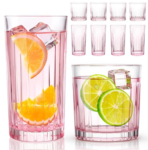 Laerjin Drinking Glasses Set of 8, 12 oz Highball Glasses & 10 oz Cocktail Glasses Set, Glassware Drinking Glasses, Glassware Sets for Cocktail, Beer, Wine, Whiskey, Water & Juice Drinkware(Pink)