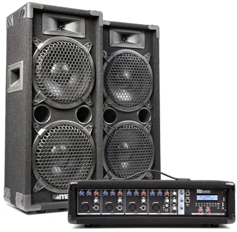 MAX28 Dual 8 Passive Speaker Complete PA System with 4-Channel Bluetooth Mixer, 800W Audio Power, Two 6m Jack Cables for Bands, Vocalists, Churches, Karaoke, Events, Rehearsals, and DJs