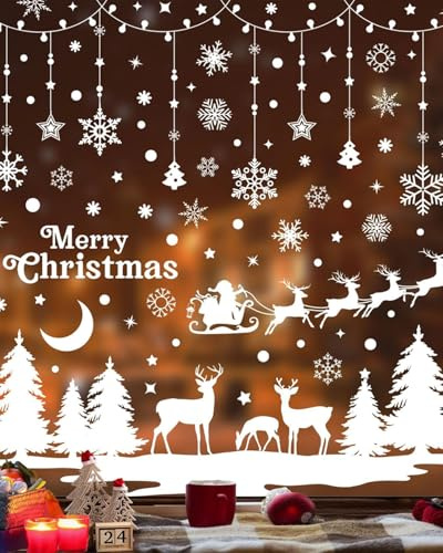 HUVZOR 1PCS Décoratifs de Noël Autocollant Cerfs de Noël, Flocons de Neige Stickers Fenêtre Réutilisable, Décoration de fenêtre PVC Hiver Décoration de Noël pour fenêtre de Noël