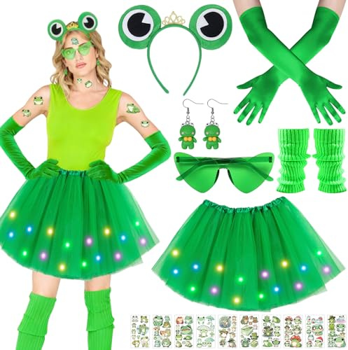 7 Pezzi Costume da Rana per Donna e Adulti, Orecchini a Forma di Rana, Occhiali a forma di Cuore, Guanti, LED-tutu e Adesivi, Costume da Animale per Halloween, Carnevale Cosplay e Feste a Tema