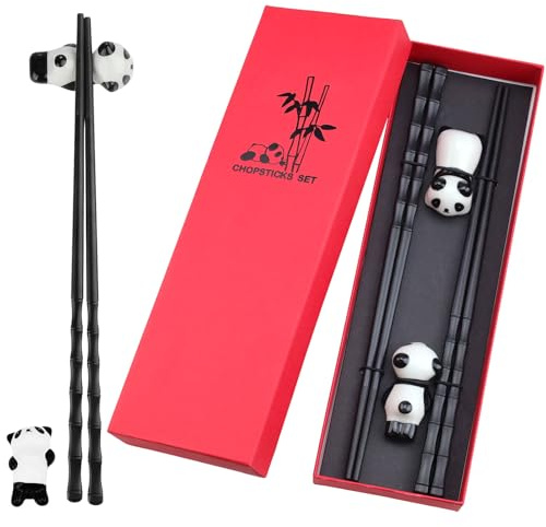 DIYCUT 2 Paar Essstäbchen mit 2 Panda-Stäbchenhaltern, Bambus-Form Essstäbchen, Chinesisches Stäbchen Set, Chopsticks Geschenkset, für Zuhause, Restaurant und Geschenk(Schwarz)