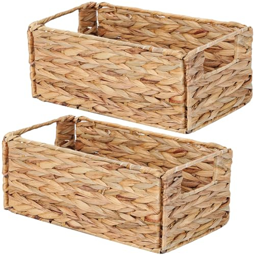 Vagusicc Water Hyacinth Storage Baskets for Shelves, Small Organizer Box Storage Bins with Handles, Wicker Basket for Bathroom Storage, Collapsible Kitchen Storage and Organisation, 33x20 CM, 2PCS