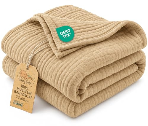 Coperta mussola neonato cotone 75 x 60 cm - Plaid garza coccola teli muslin lenzuolo bambino sottile fasciatoio trapunta leggera neonati tessuto traspirante per bimbi Oeko-Tex Beige