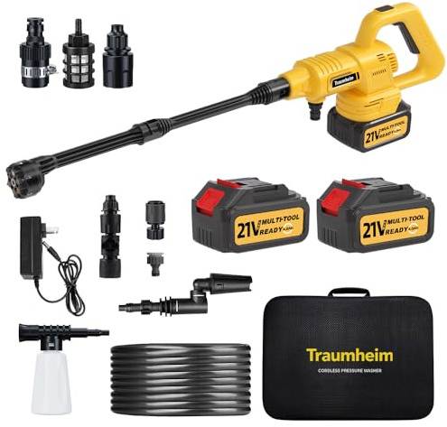 Traumheim Hidrolimpiadora Inalámbrica 21V, 68 Bar, 2X 4000mAh | Motor sin escobillas, boquilla giratoria 180°/360°, boquilla 6 en 1, adaptador para botella, lanza de extensión