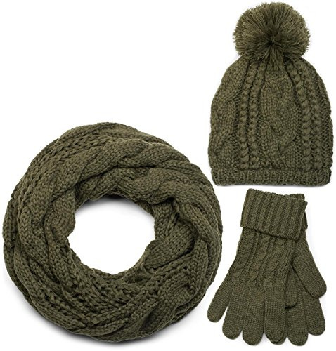 styleBREAKER conjunto de chal, gorro y guantes, chal de punto con motivo trenzado con gorro con pompón y guantes, señora 01018208, color:De oliva/Bufanda circular/cuello