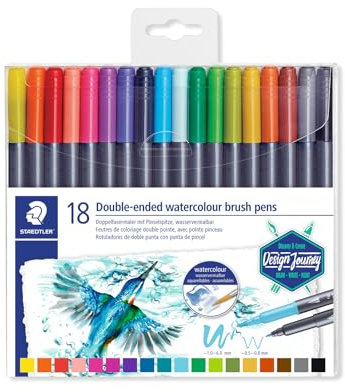 STAEDTLER 3001 TB18 Doppel-Fasermaler (feine Spitze und Pinselspitze, für Aquarell-Effekte) Klarfaltetui mit 18 brillanten Farben