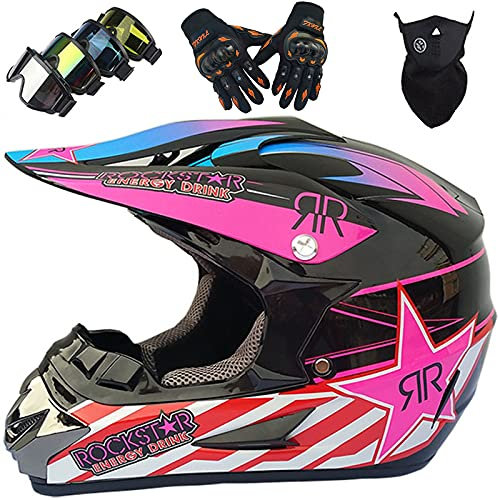 KILCVEM Motocrosshjälm, barn vuxna heltäckande motorcykelhjälm MX MTB Scooter Downhill Enduro motorcykelhjälm set med handskar skyddsglasögon mask – Rockstar – S-XL/52–59 cm, rosa-L