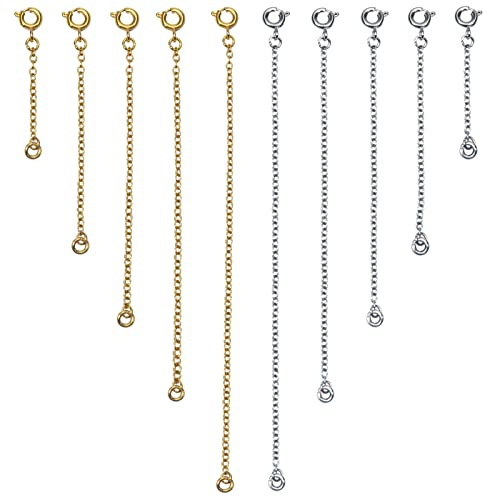 TOAOB 10pcs Rallonge de Chaîne Collier D'extension en Acier Inoxydable Argent et Or des Plusieurs Tailles avec Fermoirs pour Fabrication de Bijoux Bracelets Choker