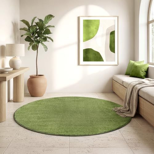 SANAT Kurzflor Teppich Wohnzimmer - Uni Modern Teppiche fürs Schlafzimmer, Arbeitszimmer, Büro, Flur, Kinderzimmer und Küche - Grün, 200 cm Rund