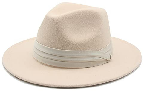 QBQZXAOSOWH Fedora Trilby Hüte Für Damen Fedoras Hüte Klassischer Panamahut Herren Breite Krempe Filzhut Kirche Hochzeit Filzband 59-61 cm (XL) Beige