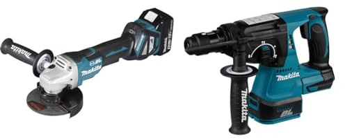 Makita - Meuleuse à batterie Ø 125 mm 18V Li-Ion 5Ah - DGA517RTJ & DHR243Z Marteau Perforateur SDS+ sans Fil à 3 Modes, 18 V, Bleu Multicolore