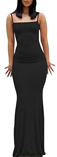 Felcia Women Spaghetti Strap Sleeveless Long Dress Solid Color Bodycon Fish Tail Dress Party Evening Maxi Dress (Black, XS)