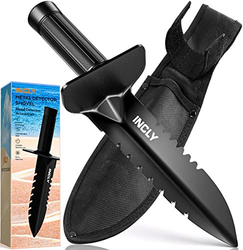 INCLY Metal Detector Shovel, Heavy Duty Double Serrated Shovel with Sheath,Metal Detecting Digging Trowel for Treasure Hunting, Camping,Landscaping and Gardening