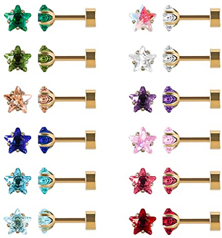 12 Paare flache Rückseite chirurgischen Edelstahl Ohrstecker, Schraube zurück Herz Stern Quadrat Teardrop Runde vergoldet Silber Cubic Zirkonia CZ Birthstone Ohrstecker Set