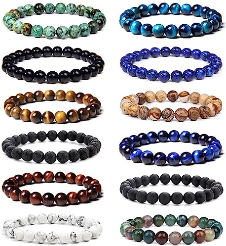 FIRAZIO 12Pcs 8mm Gemstones Beaded Stretch Bracelet for Women Crystal Stone Bracelets Round Beads Semi-Precious Stretch Bracelet Set Unisex