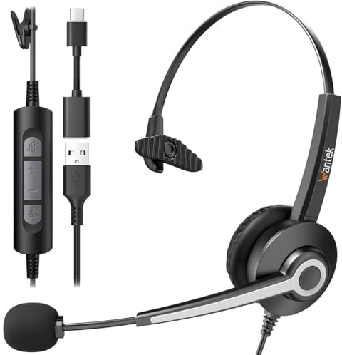 Wantek Monaural Corded USB Headsets with Noise Cancelling Mic and in-line Controls, UC Business Headset for Skype, SoftPhone, Call Center