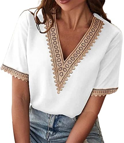 Tshirt Femme, Chemise Femme Chic et Élégant Blouse Col V Manches Courtes Manchon Papillon Chemisier Chiffon Décontracté T Shirt Haut Ample Tunique Tee Shirt Blanc