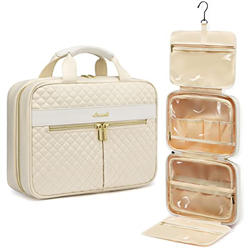 LOVEVOOK Kulturbeutel Damen, Kulturtasche zum aufhängen, Reise Waschtasche Kosmetiktasche Gross, Hanging Toiletry Bag Women, Wasserdichter Travel Make up Tasche Schminktasche, Wash Bag, Beige