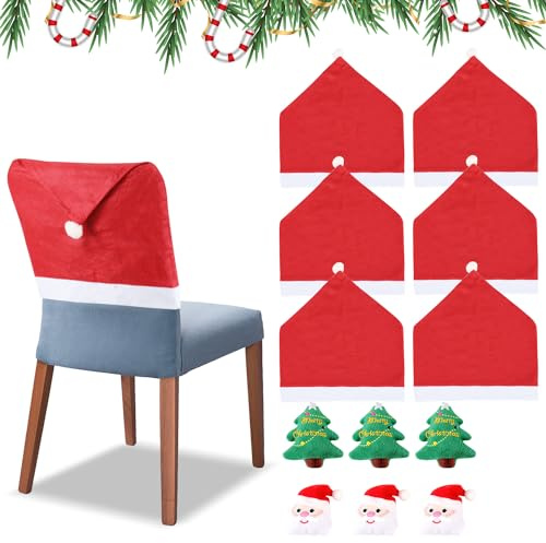 Joparri 6er Set Weihnachten Stuhlhussen, Weihnachten Nikolausmütze Stuhlbezug mit Weihnachtsmann und Christbaumschmuck, für Esstisch Weihnachten Dekoration