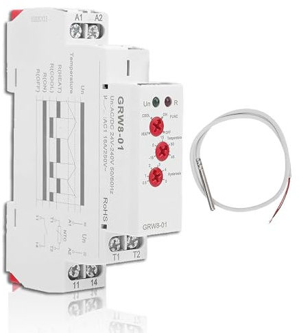 Agatige DIN-Schieneninstallation Temperaturregelrelais mit Prüfsonde, Digitaler Thermostat, GRW8-01, 24 V-240 V AC/DC, Temperaturkontrollmonitor mit Prüfspitze, L-N-Stromanschluss