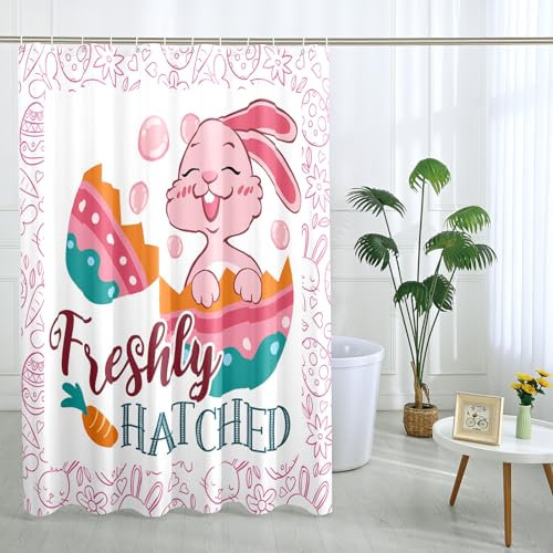 Easter Shower Curtain Hatched Bunny Polka Dot Eggs Carrot Pink Polyester Ornaments Waterproof Decor Thick Grommet Room Indoor Bathroom Dorm Outdoor Short Shower Curtain 72x72inch
